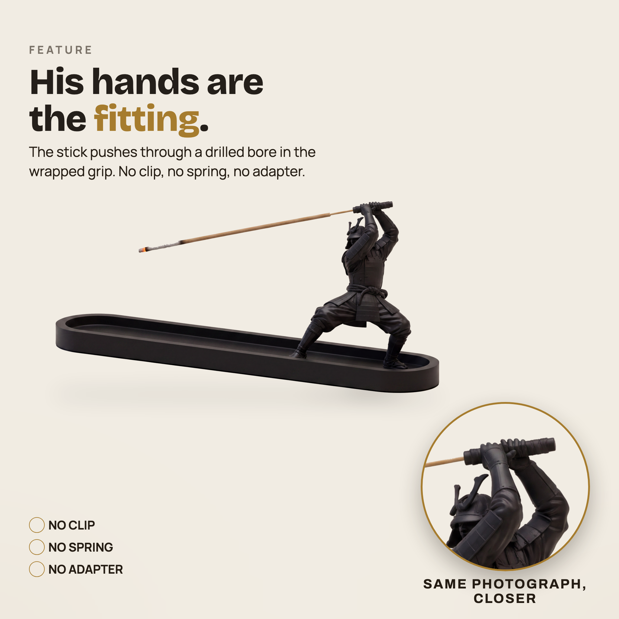 RONIN samurai incense holder — matte black 3D-printed figure holding a burning incense stick over a 250 mm ash dish