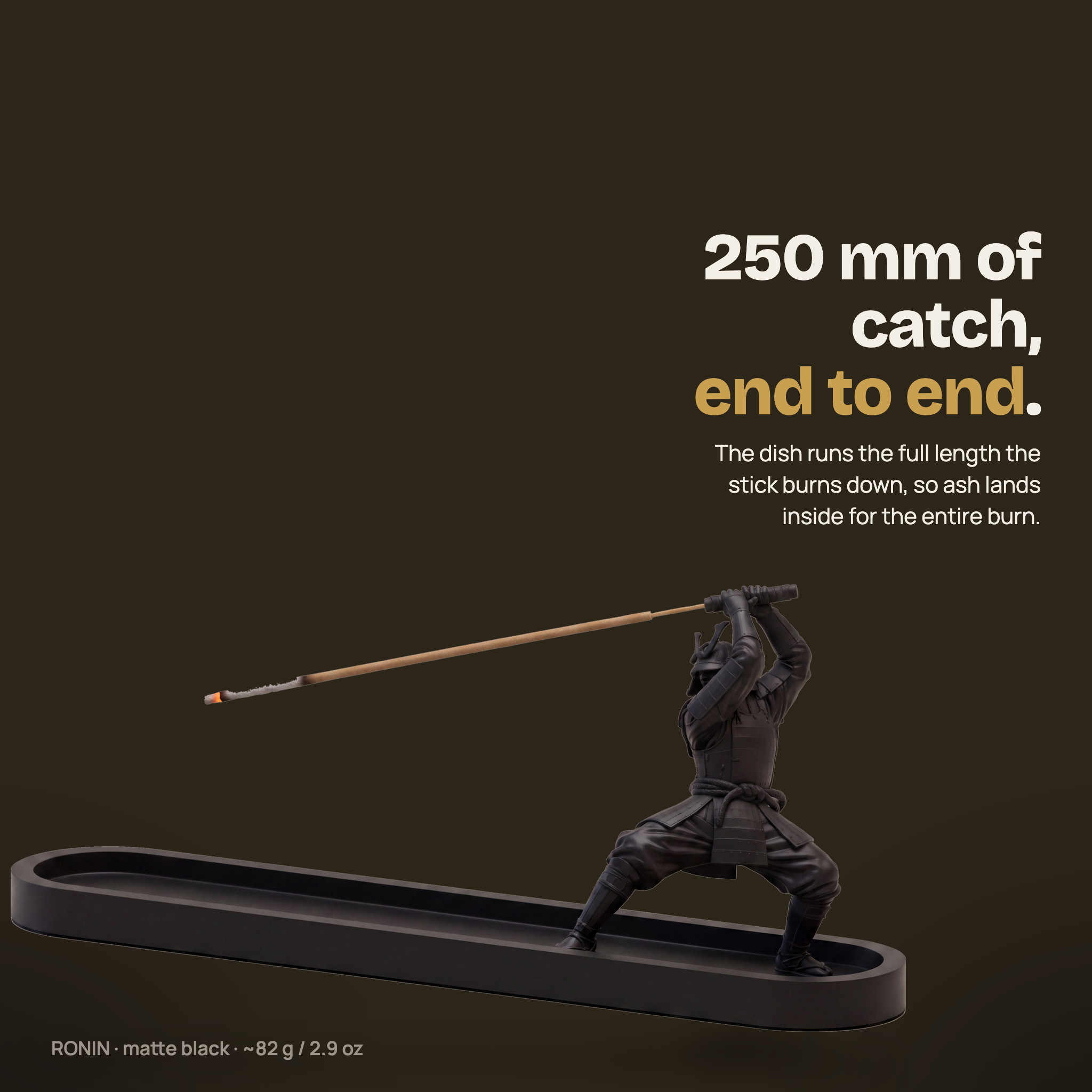 RONIN samurai incense holder — matte black 3D-printed figure holding a burning incense stick over a 250 mm ash dish