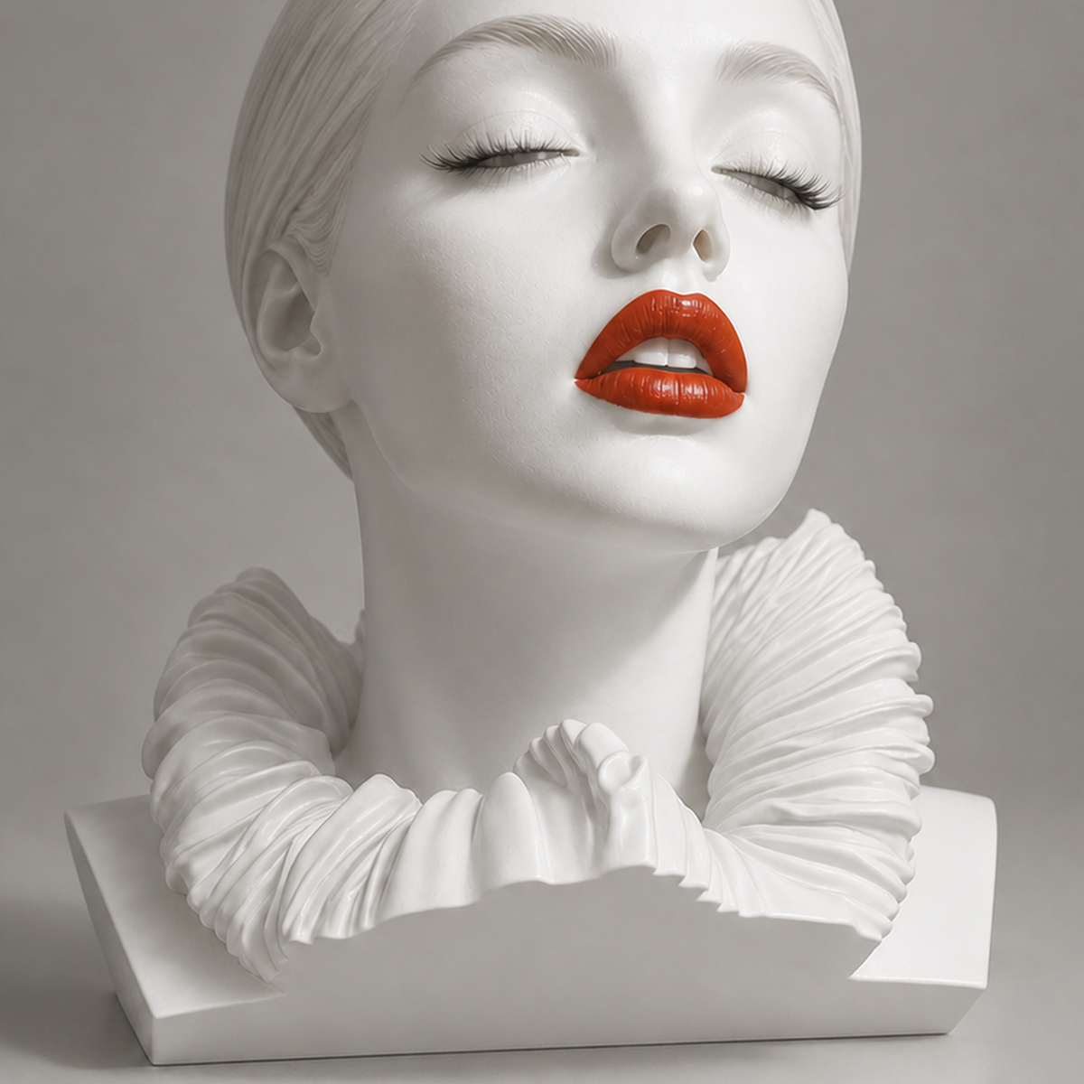 A glossy white surface with one sharp accent.
